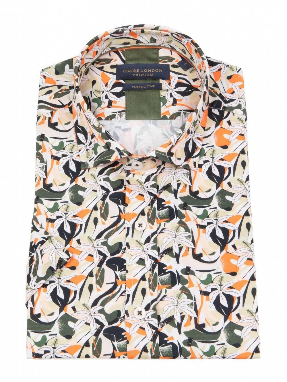 NEW GUIDE LONDON men's button up short sleeve shirt in small palm orange/green